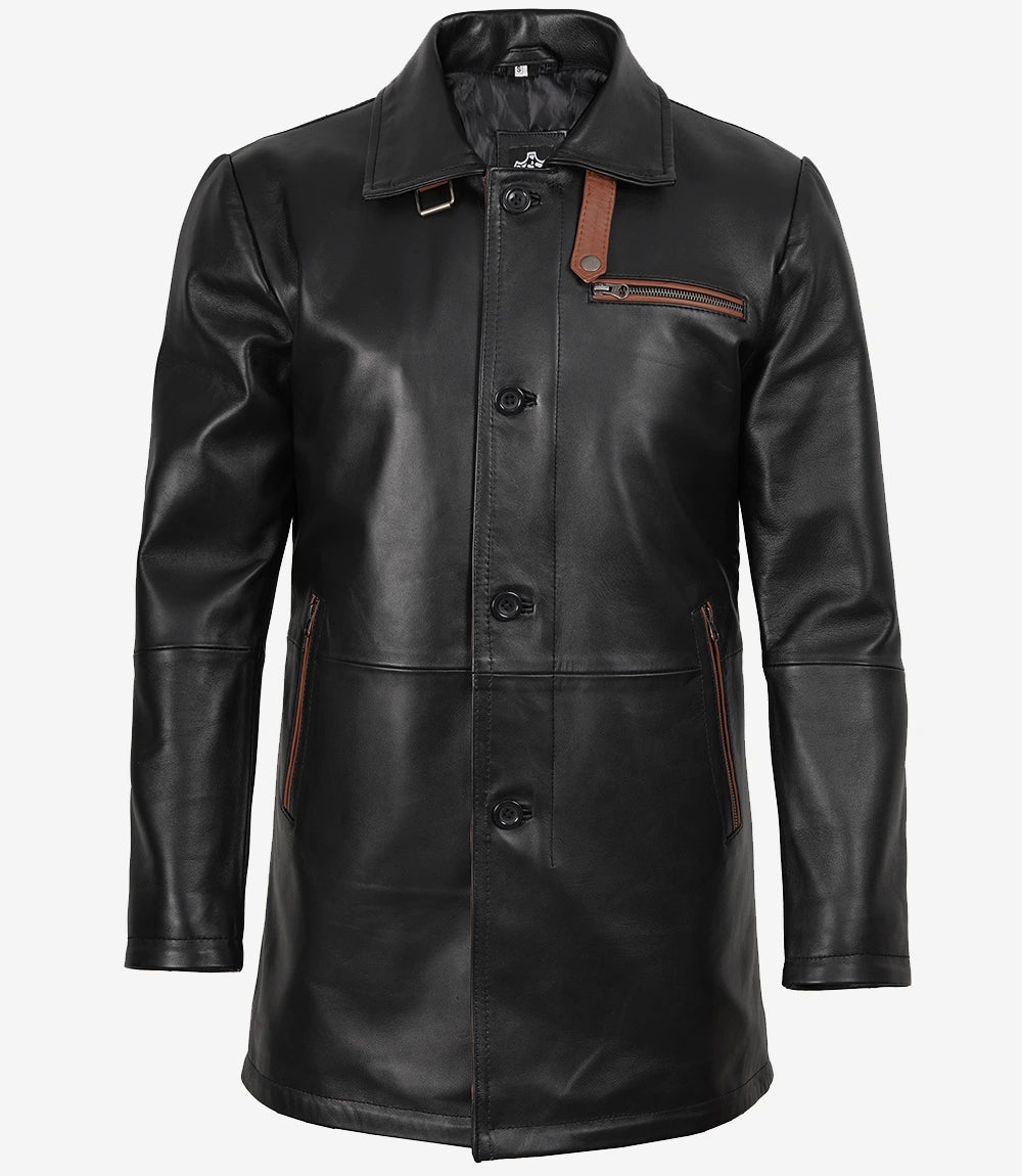 Men's Black Leather Coat With Brown Detailing