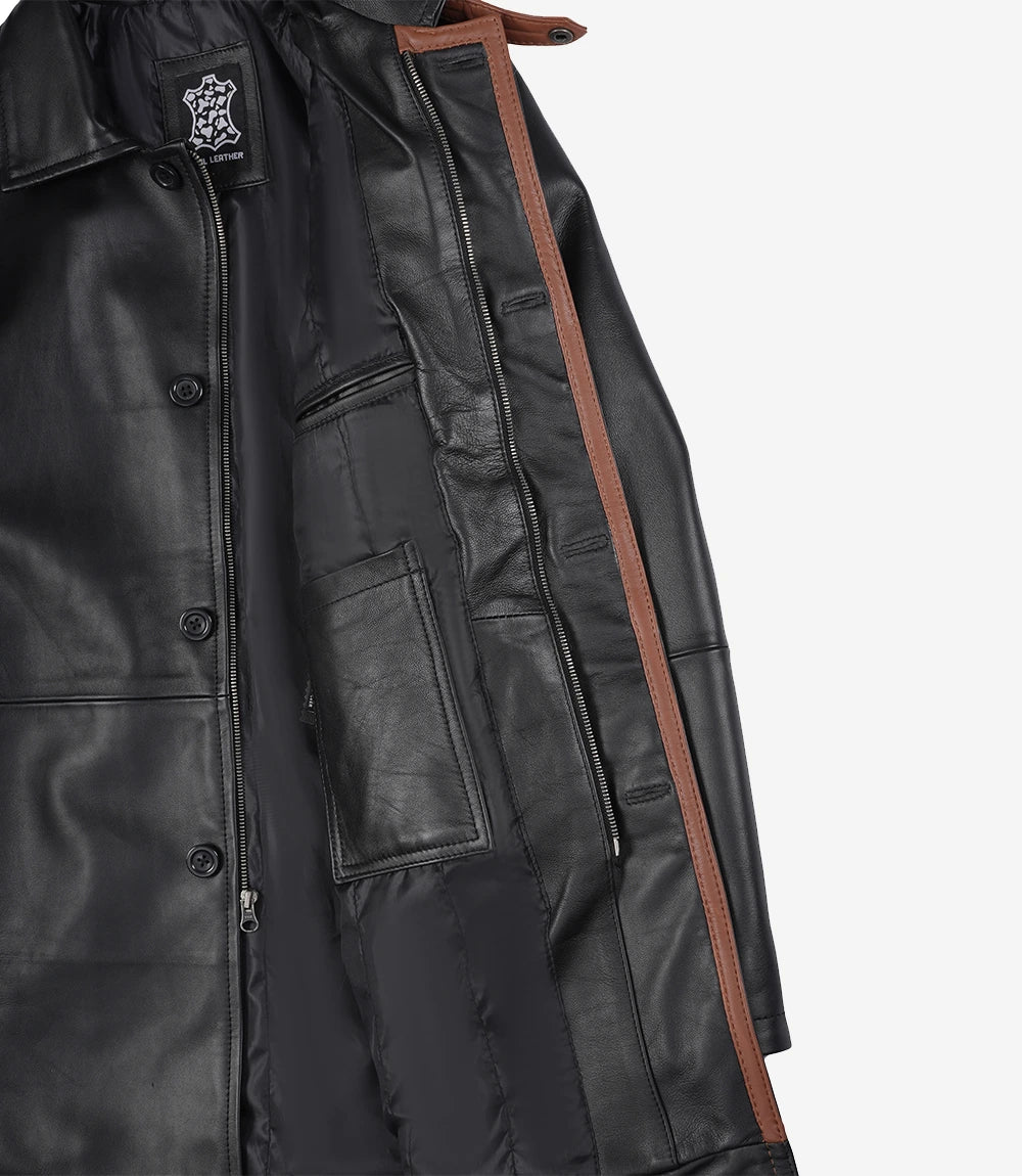 Men's Black Leather Coat With Brown Detailing