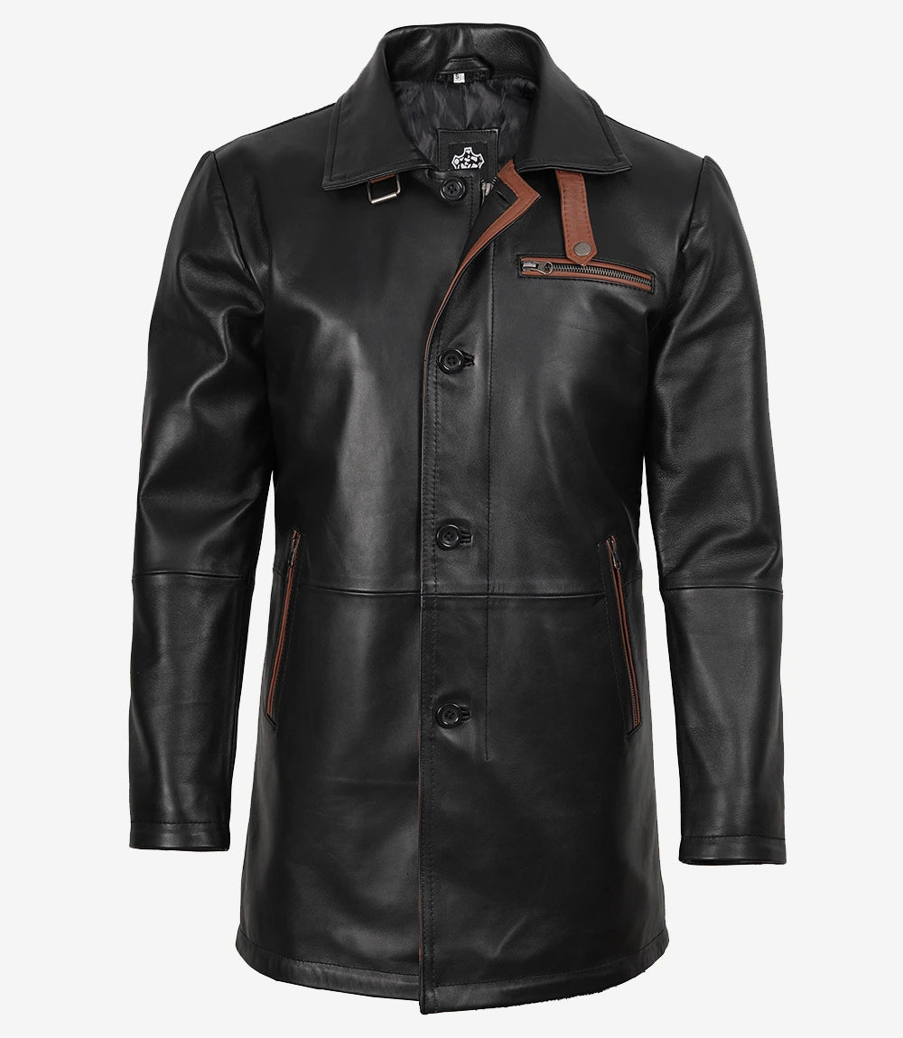 Men's Black Leather Coat With Brown Detailing