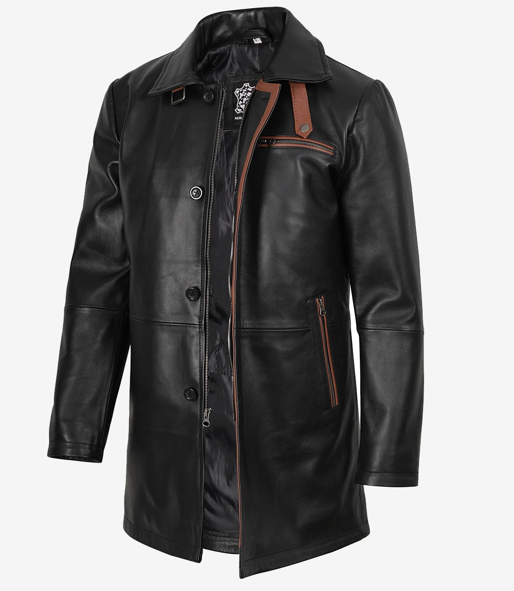 Men's Black Leather Coat With Brown Detailing