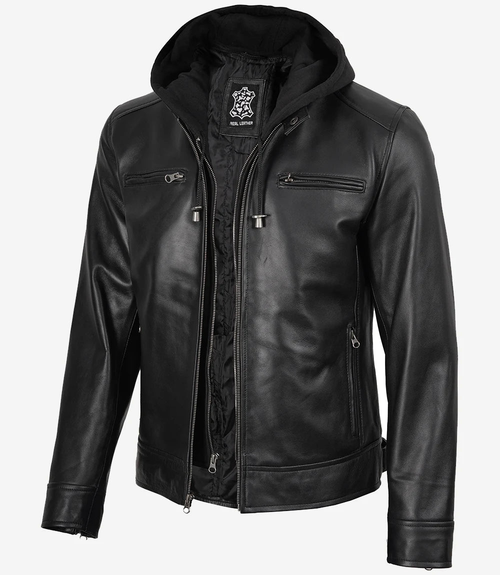 Men's Black Leather Jacket with Removable Hood