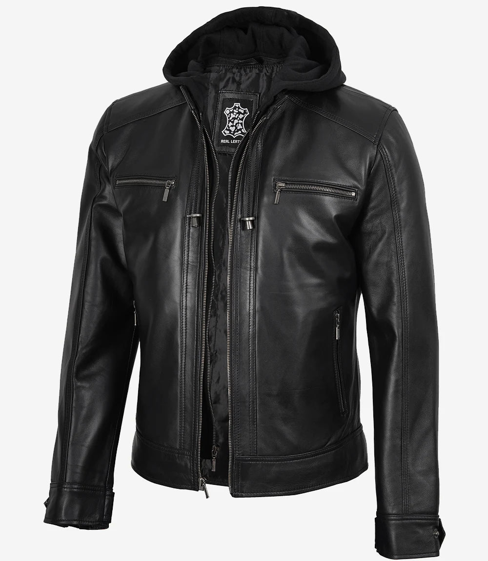 Men's Black Leather Jacket with Removable Hoodie