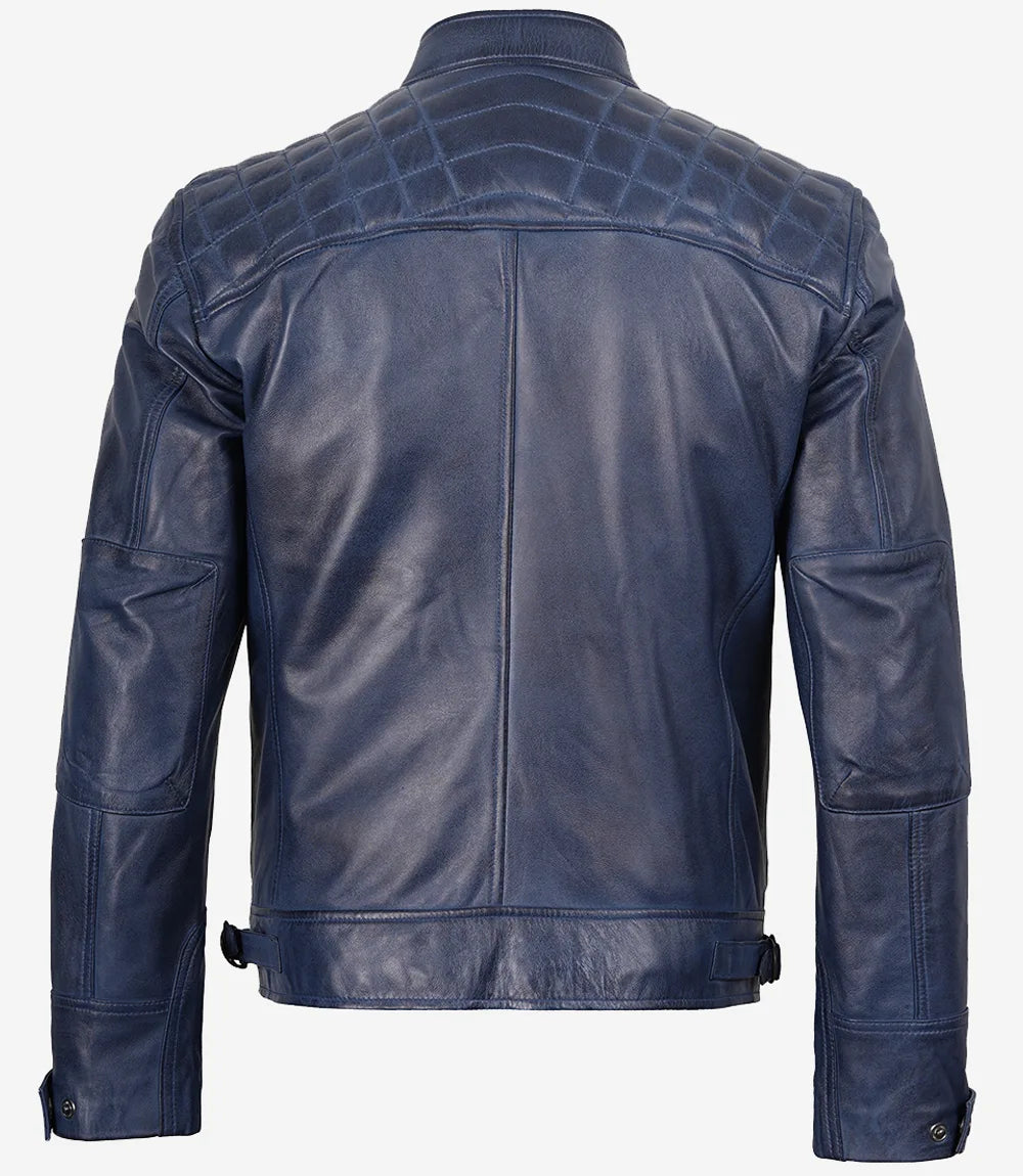 Mens Blue Waxed Quilted Shoulder Biker Style Leather Jacket