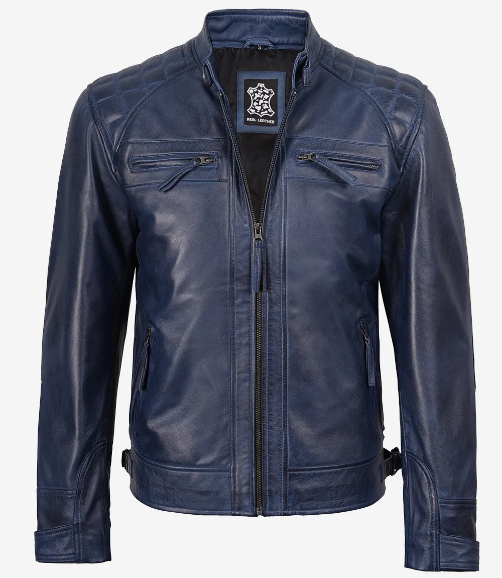 Mens Blue Waxed Quilted Shoulder Biker Style Leather Jacket