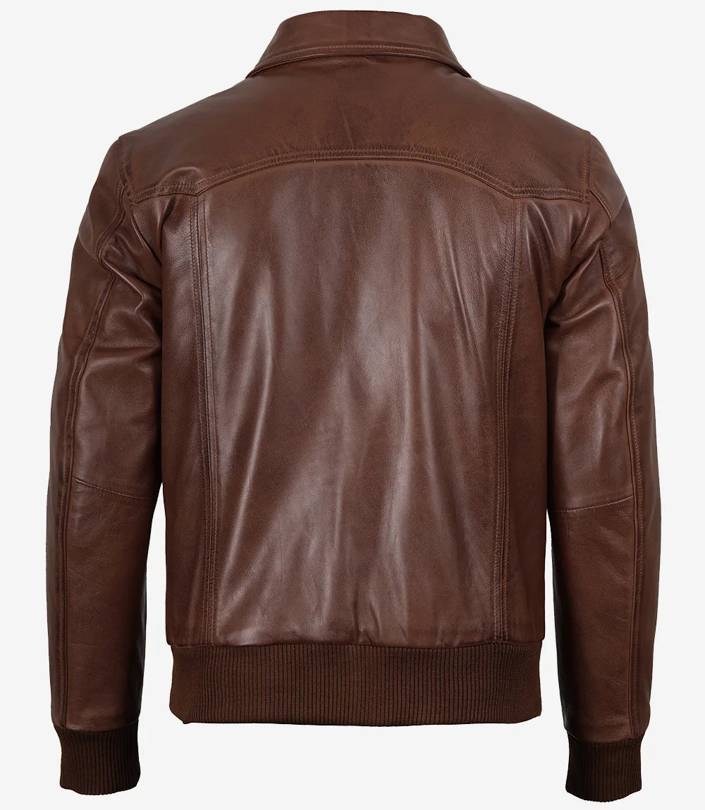 Men's Brown Shirt Collar Leather Bomber Jacket