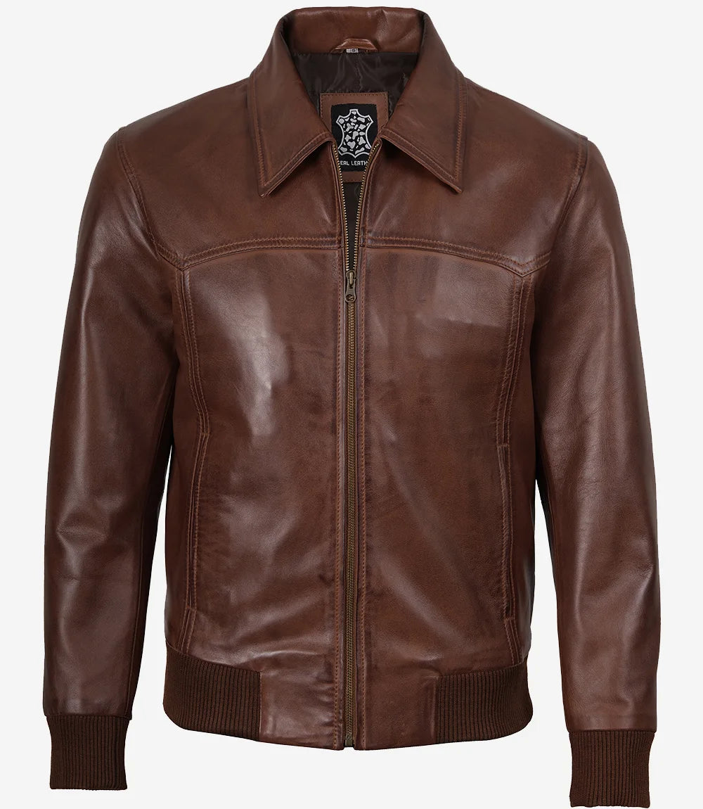 Men's Brown Shirt Collar Leather Bomber Jacket