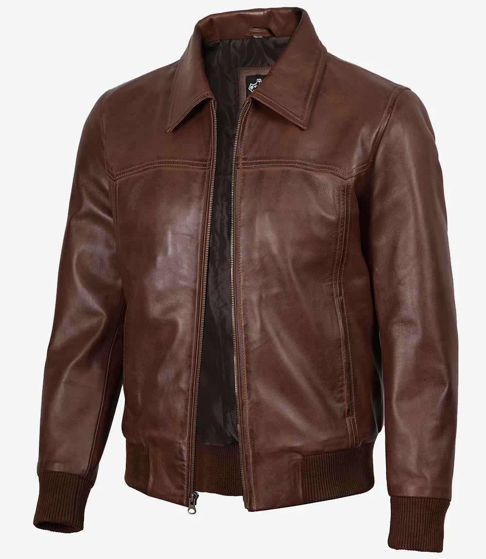 Men's Brown Shirt Collar Leather Bomber Jacket