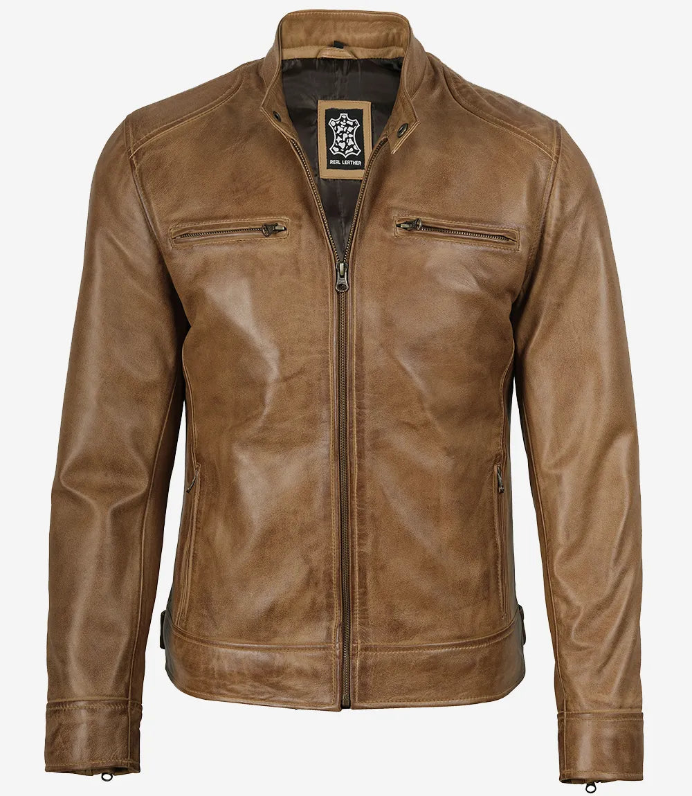 Mens Camel Brown Biker Style Leather Jacket