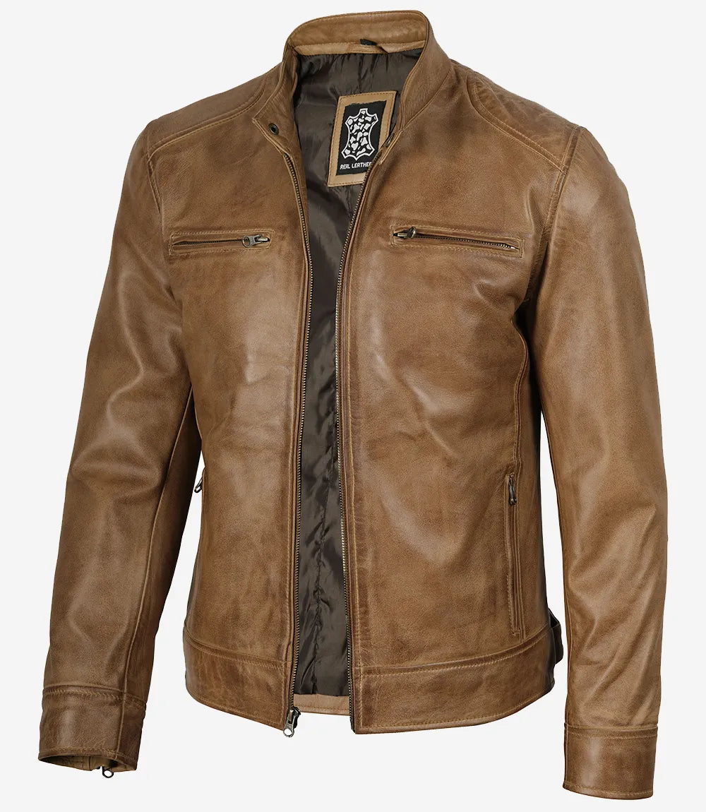 Mens Camel Brown Biker Style Leather Jacket