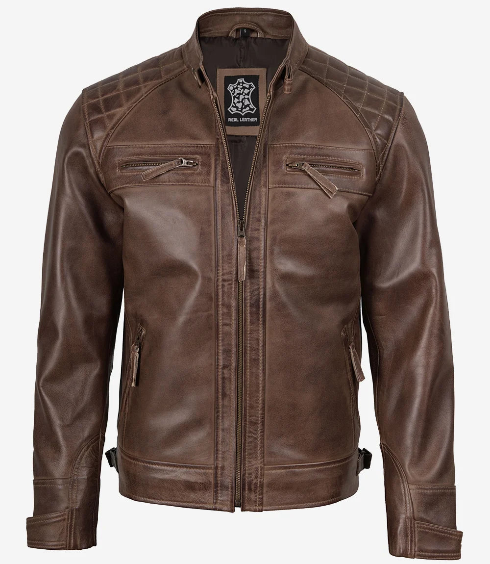 Men's Chocolate Brown Biker Style Leather Jacket - Quilted Shoulders