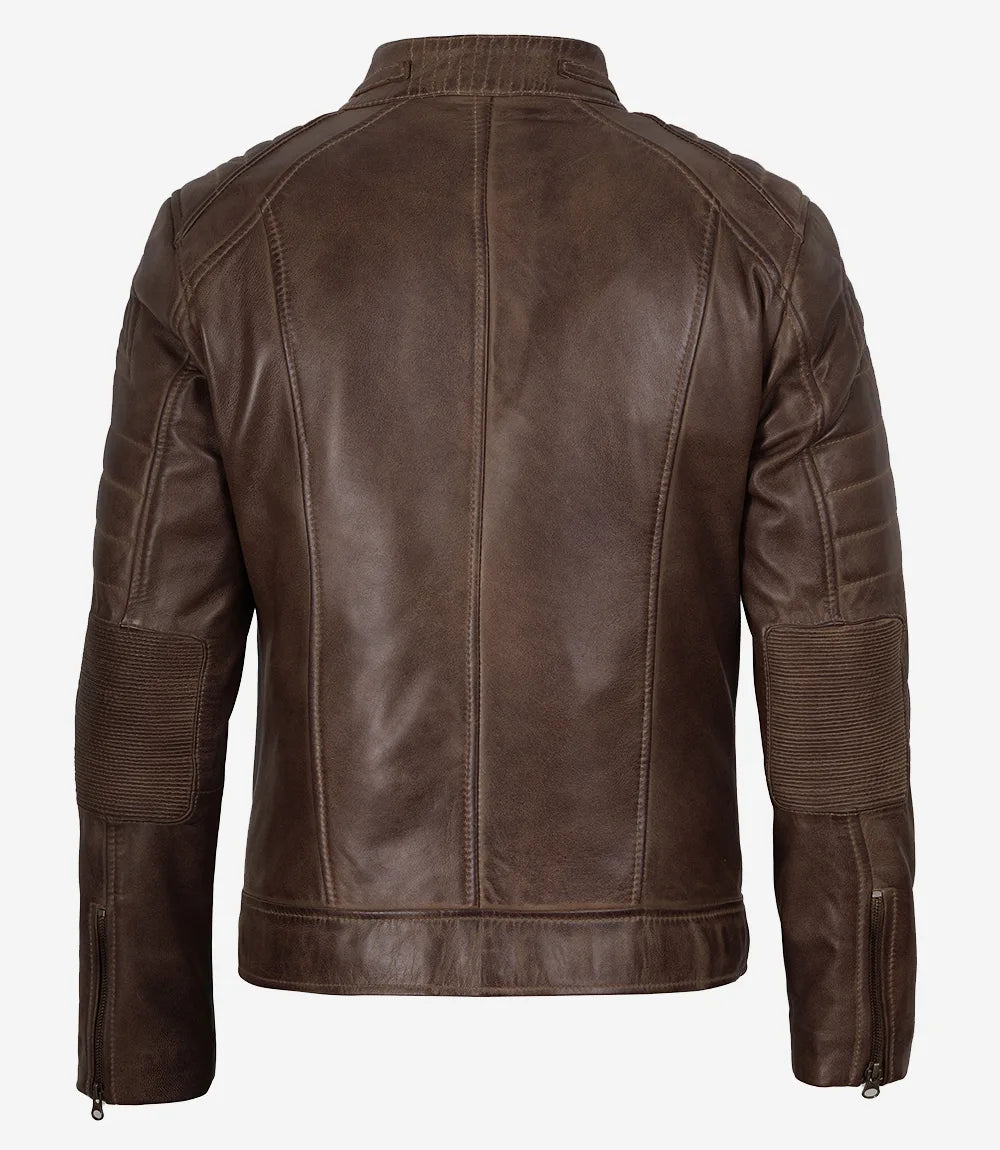 Men's Coffee Brown Distressed Leather Jacket - Biker Style