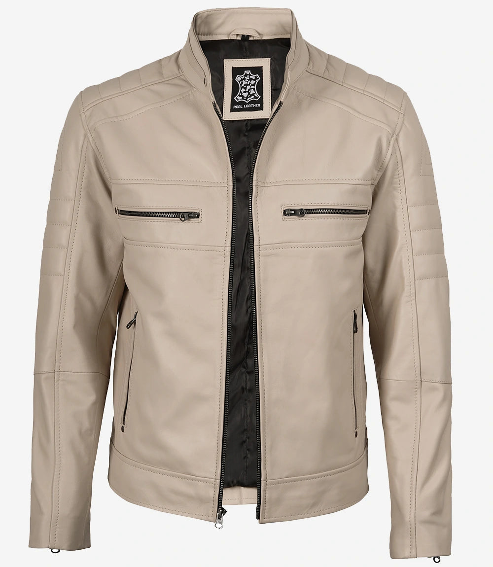 Mens Mandarin Collar Beige Biker Style Leather Jacket