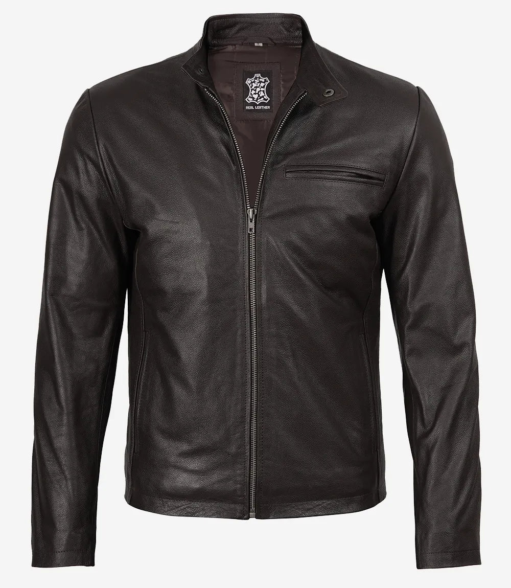 Mens Dark Brown Premium Cowhide Leather Biker Style Jacket