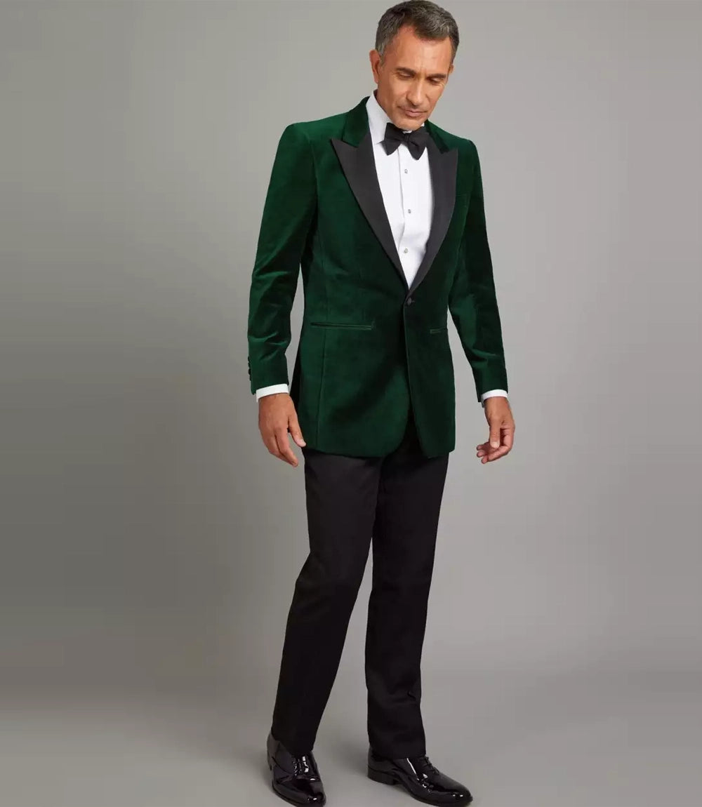 Mens Peak Lapel Single Button Green Velvet Tuxedo