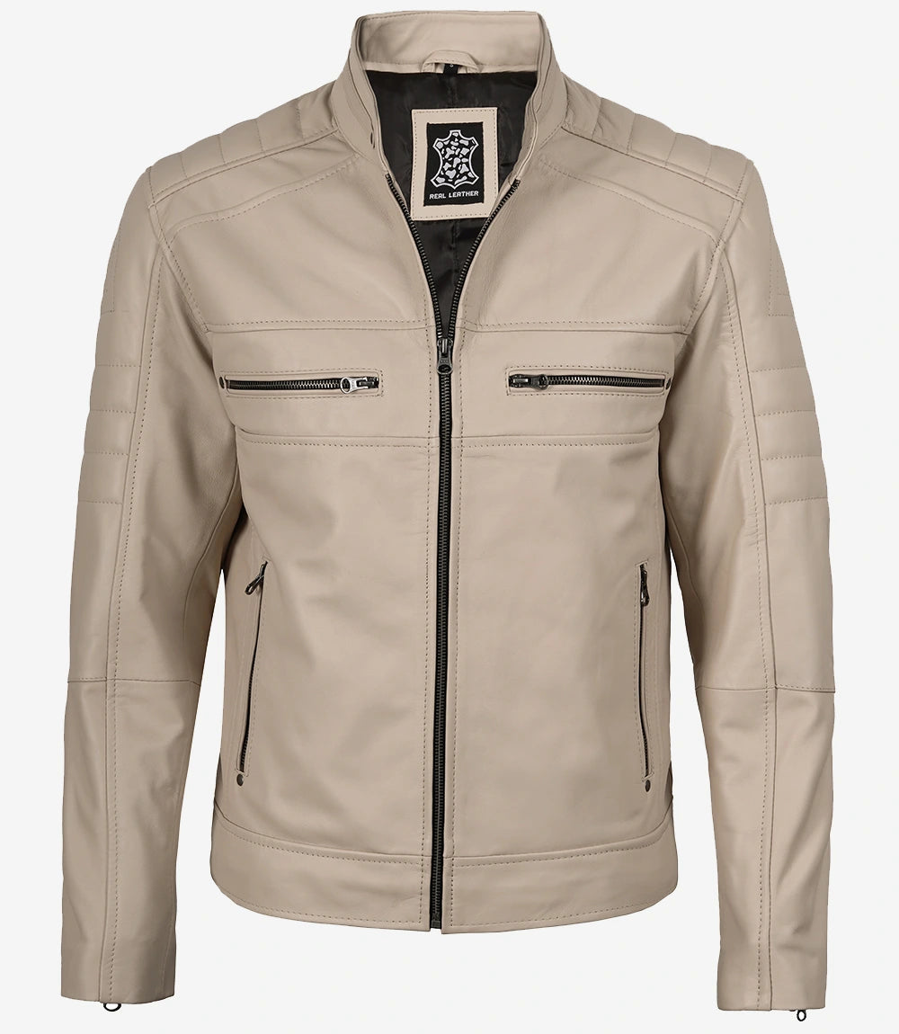 Mens Mandarin Collar Beige Biker Style Leather Jacket