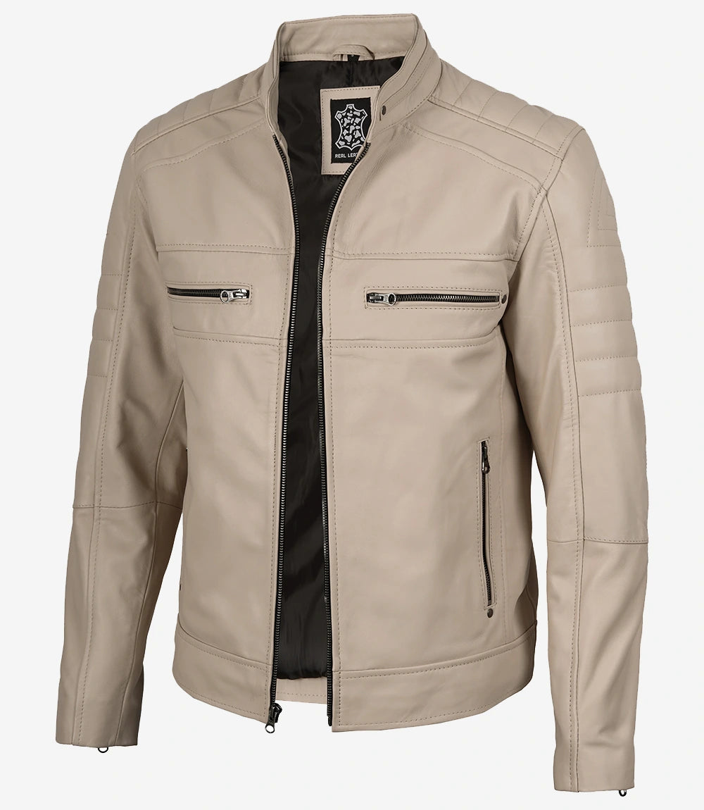 Mens Mandarin Collar Beige Biker Style Leather Jacket