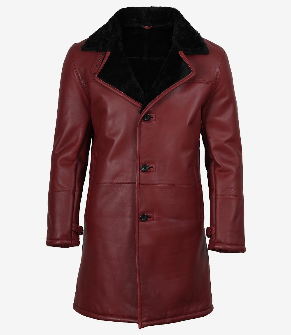 Men's Maroon Leather Coat with Black Shearling