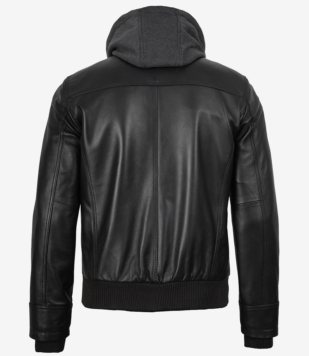 Men's Black Leather Bomber Jacket with Removable Hood