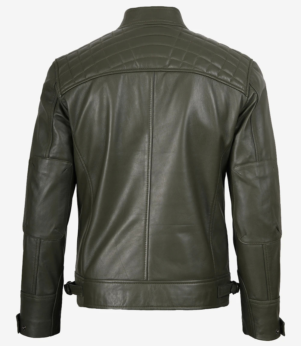 Mens Quilted Shoulder Olive Green Biker Style Leather Jacket