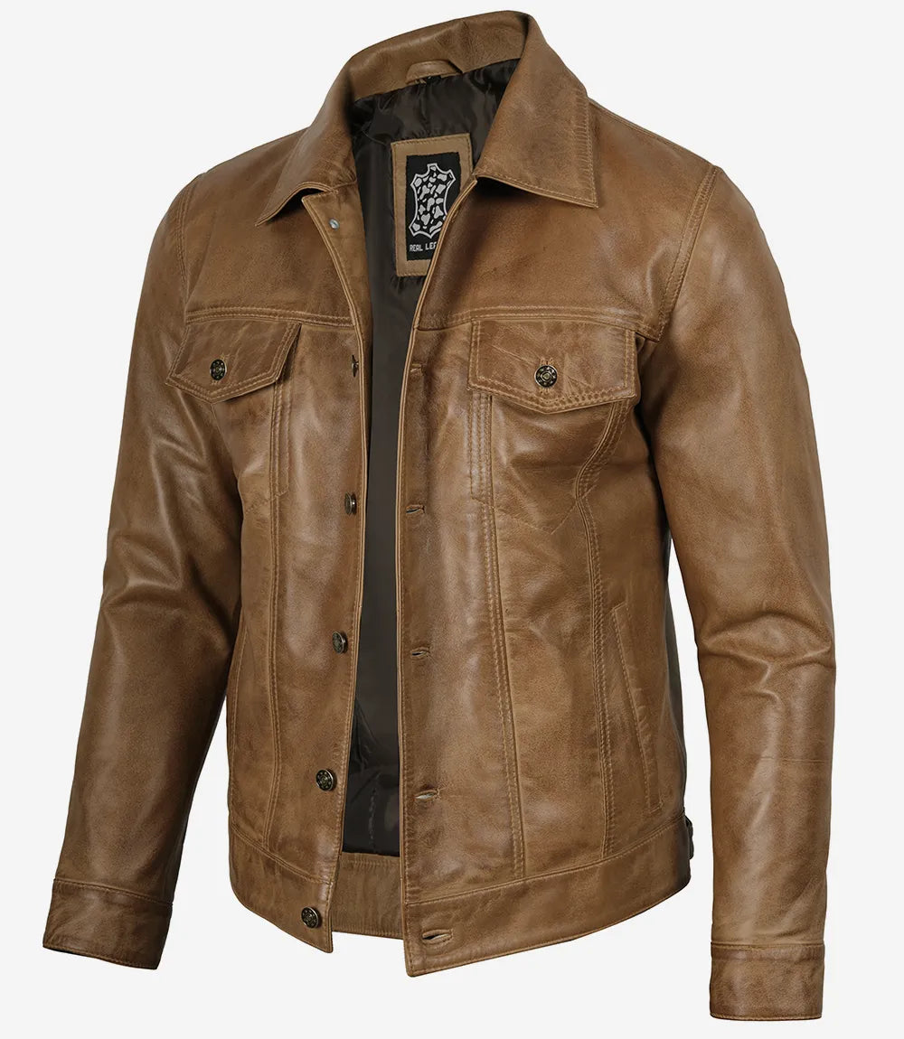 Men's Real Leather Camel Brown Trucker Jacket