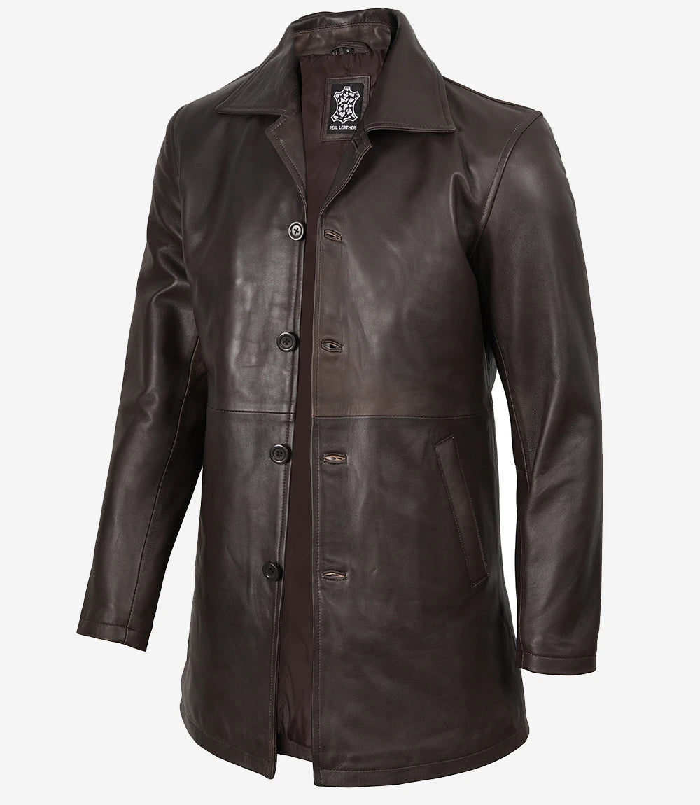 Men's Real Leather 3/4 Length Distressed Brown Coat