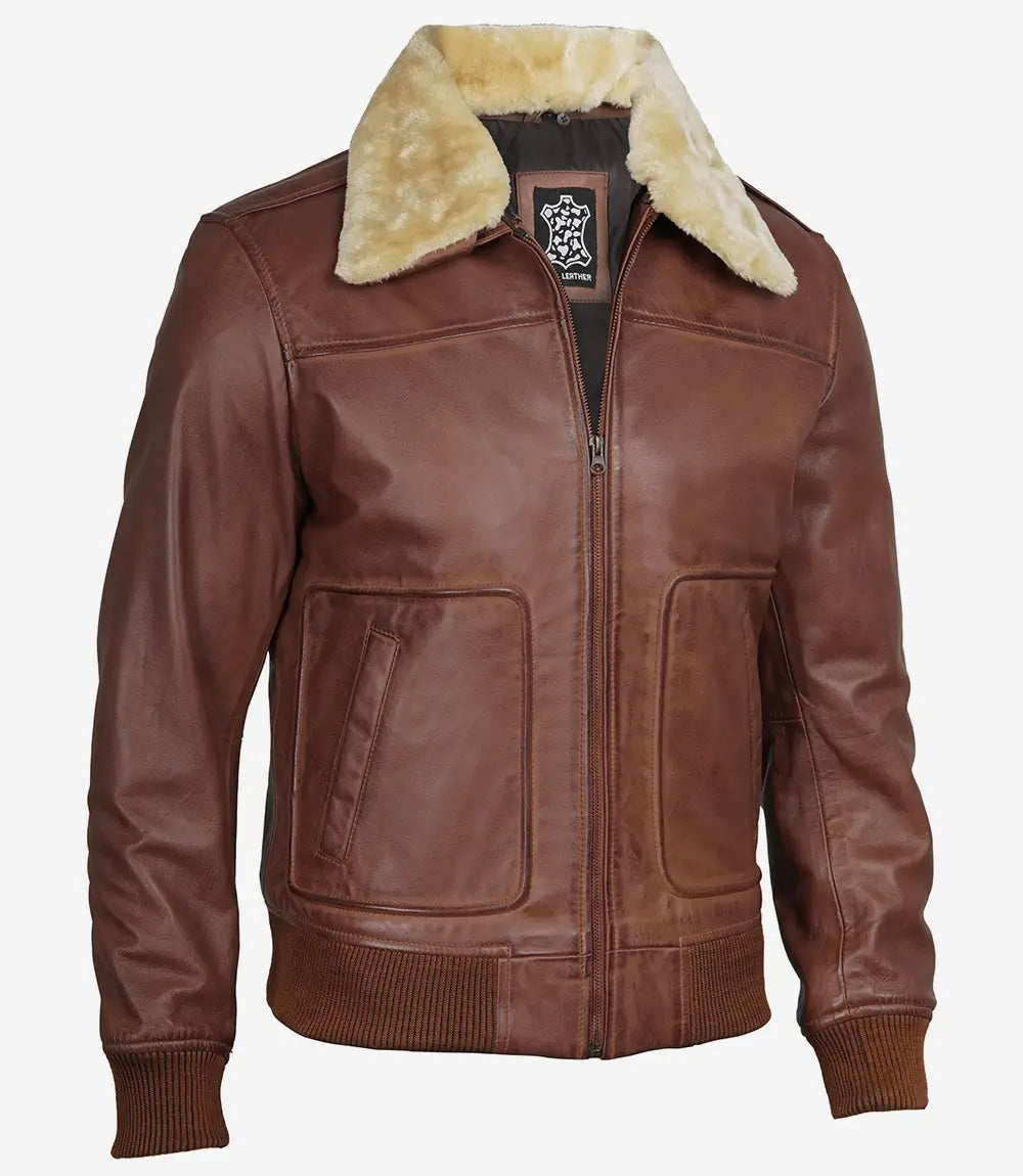 Mens Fur Collar Cognac Bomber Leather Jacket