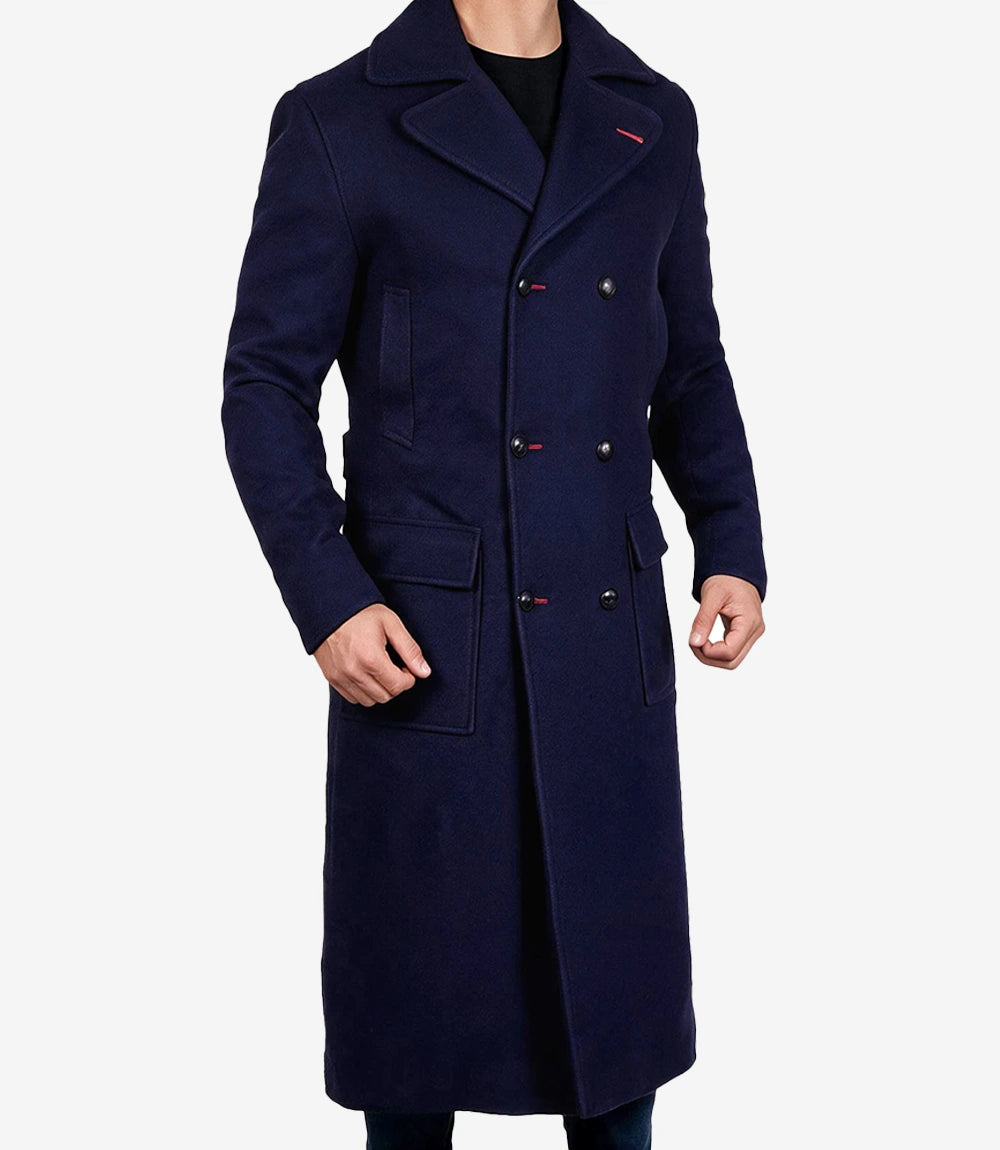 Men’s Double-Breasted Long Paul Blue Wool Coat - Blue - view 3