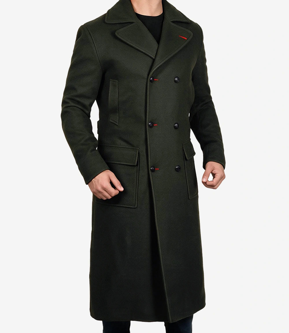 Men’s Double-Breasted Long Olive Green Wool Coat - Olive Green - view 2