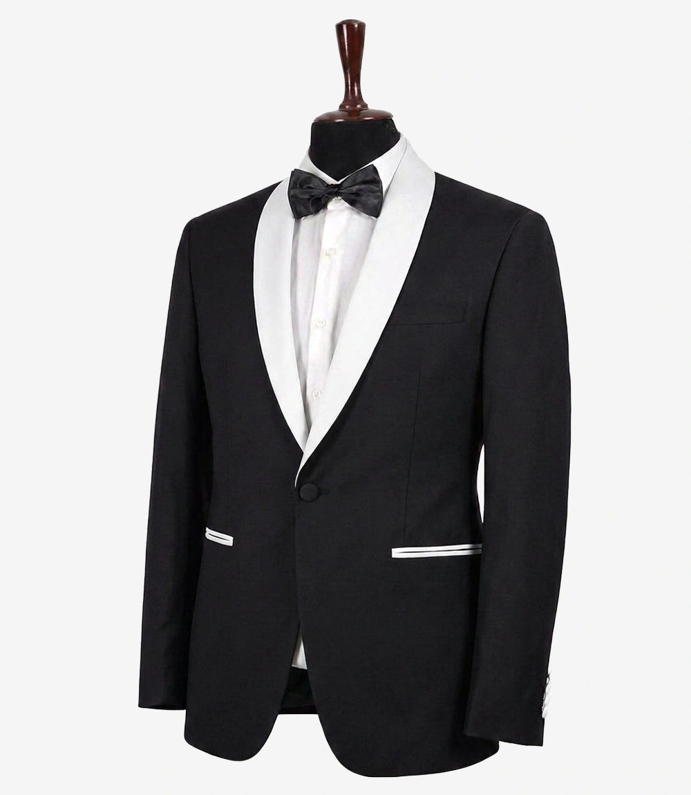 Men’s Black Tuxedo Jacket with White Satin Shawl Lapel