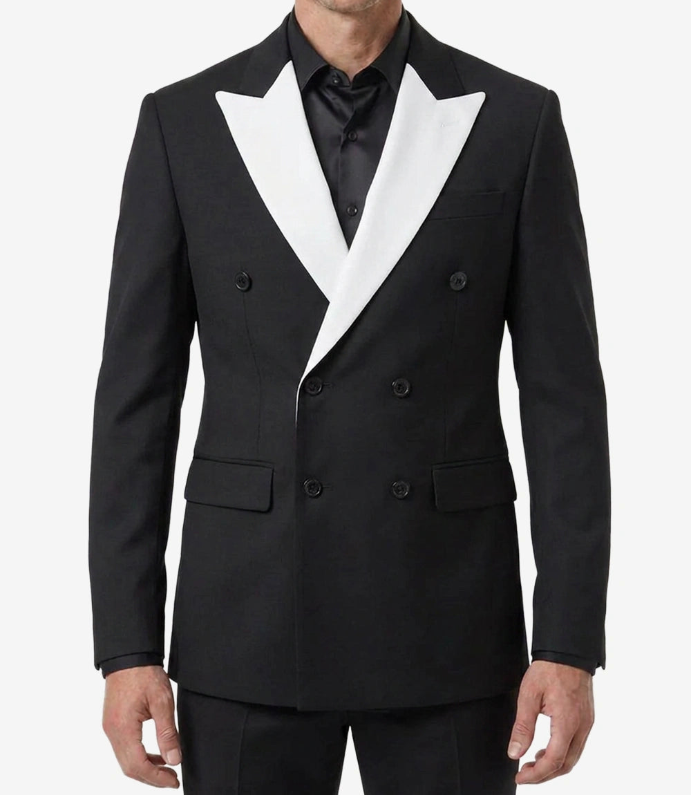 Men's Black Double-Breasted 2-Piece Suit with White Peak Lapel