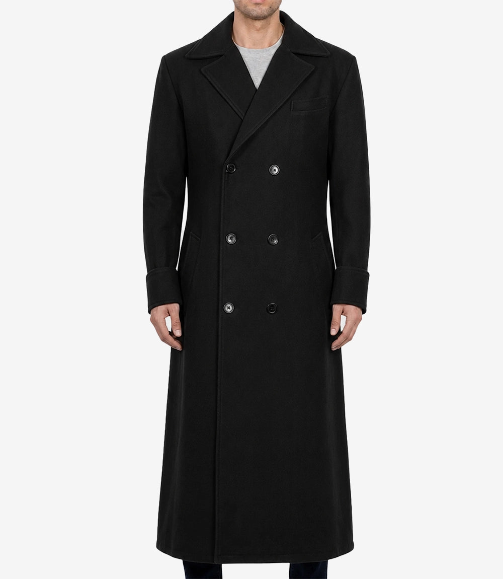 Men's Black Double-Breasted Wool Coat - Black