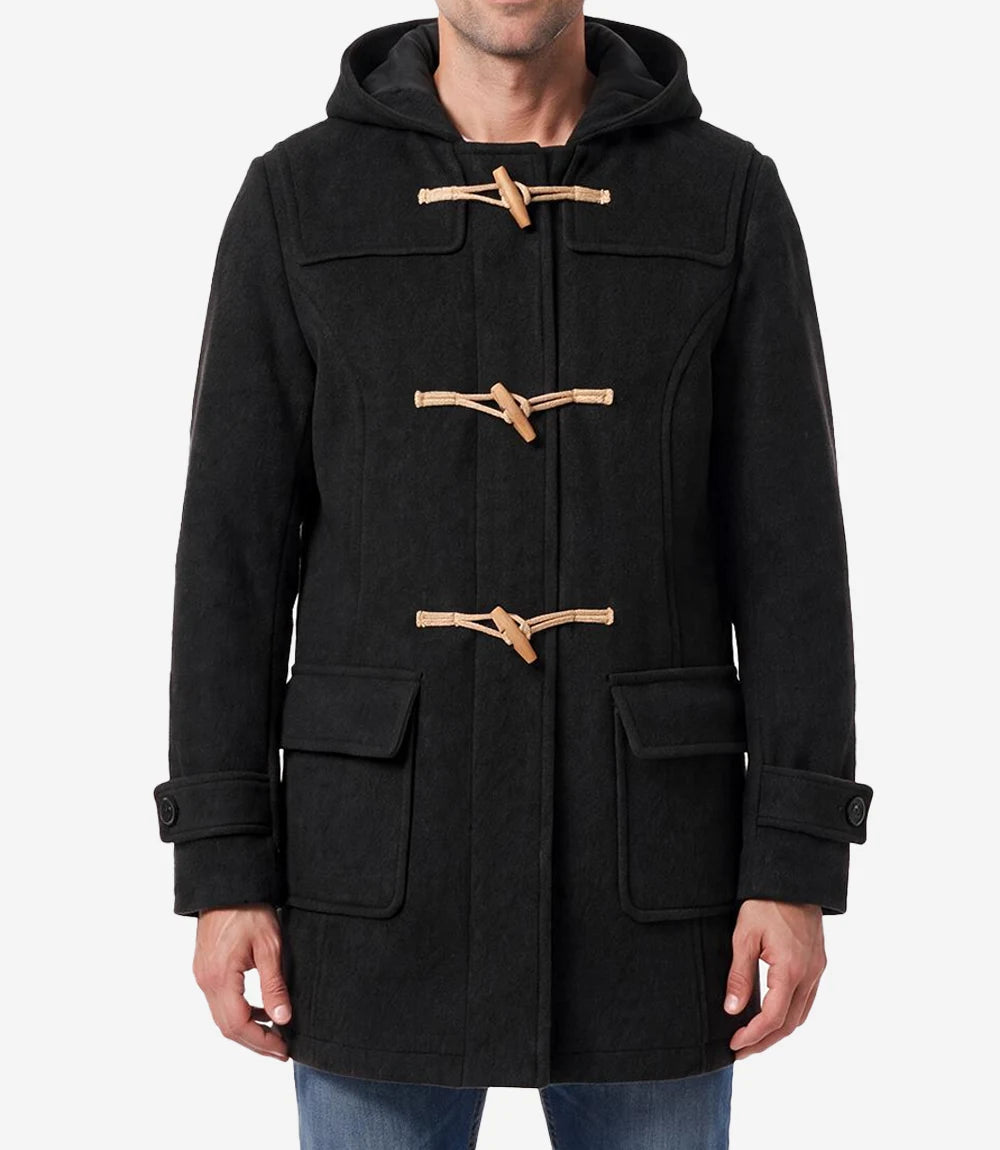 Suzanne Men’s Black Hooded Duffle Wool Coat - Black
