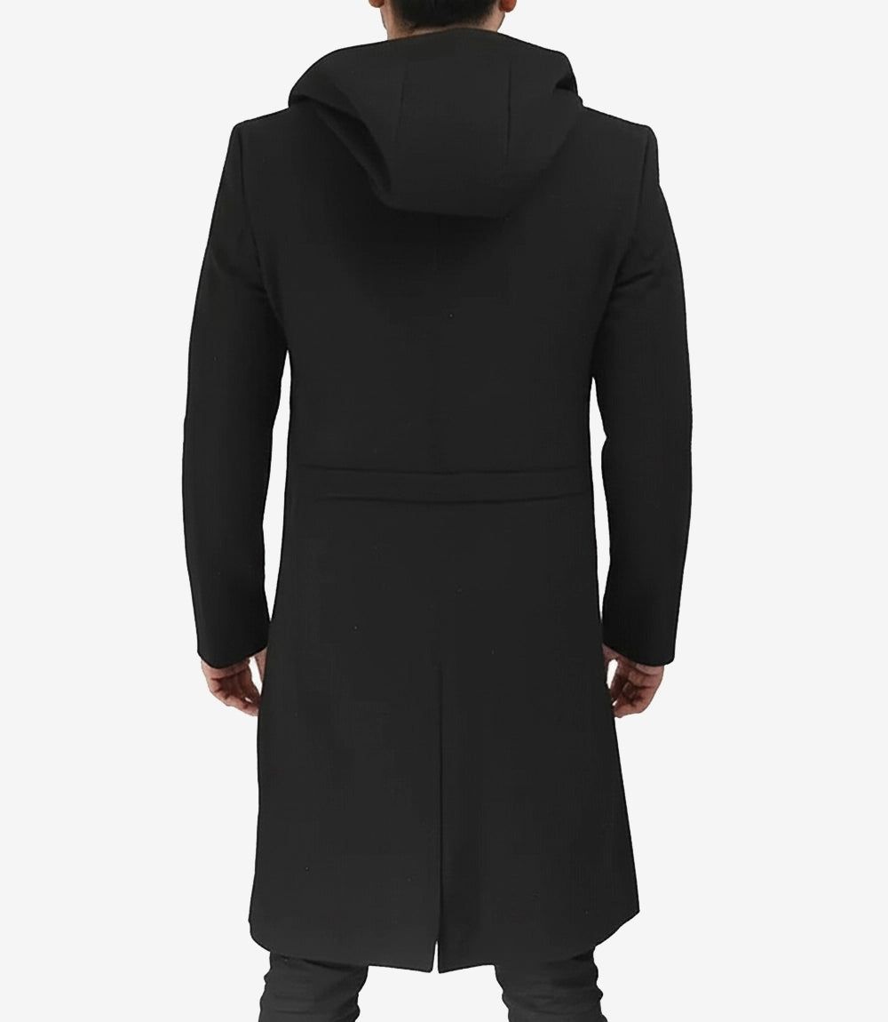 Men's Black Hooded Wool Coat | Zip-Up Winter Warmth