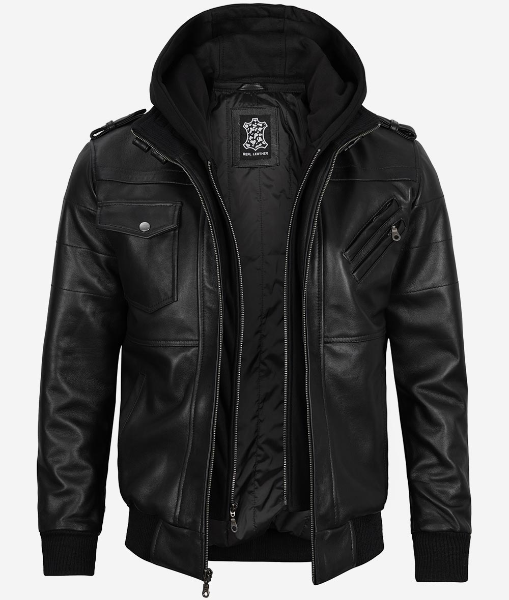 Mens Bomber Black Leather Jacket with Hood