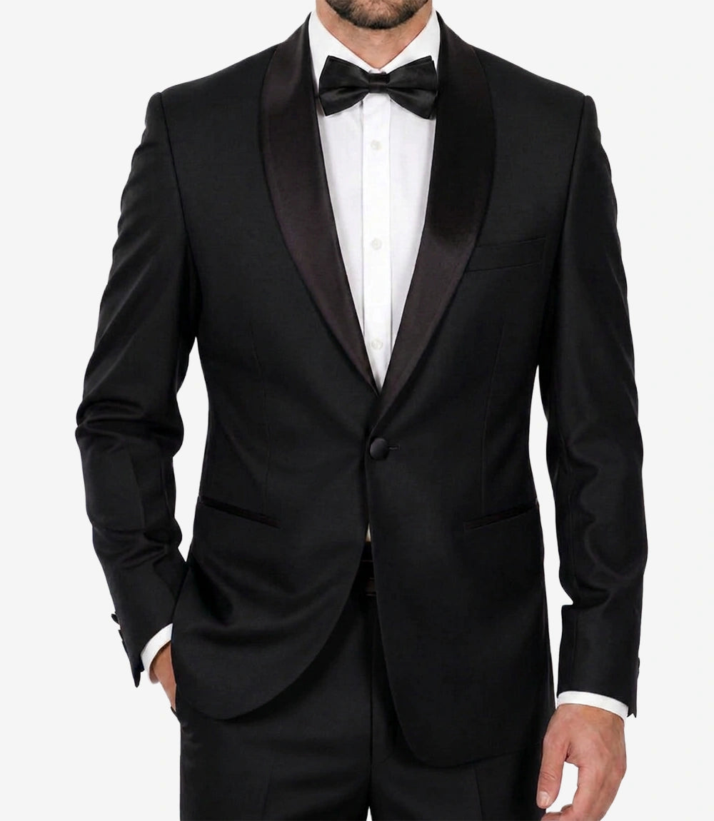 Men’s Black Shawl Lapel Tuxedo — Single Button, Black Lapel