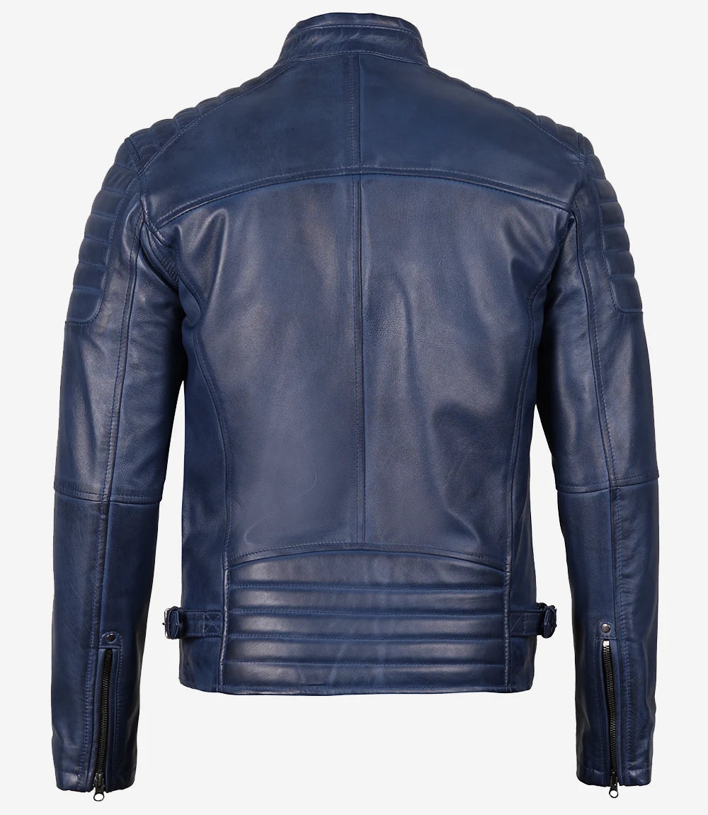 Mens Blue Waxed Cafe Racer Leather Jacket