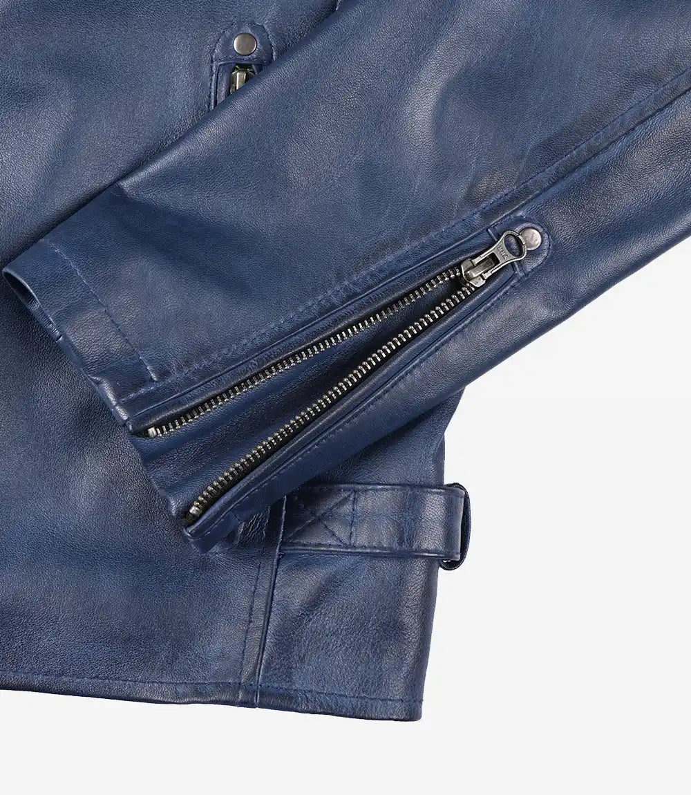 Mens Blue Waxed Cafe Racer Leather Jacket