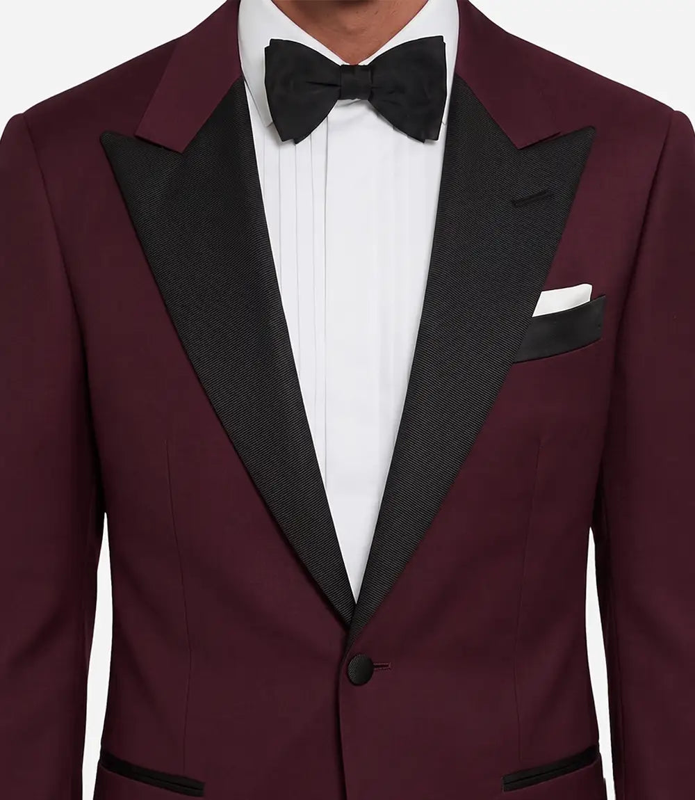 Men's Burgundy Dinner Jacket with Black Peak Lapel