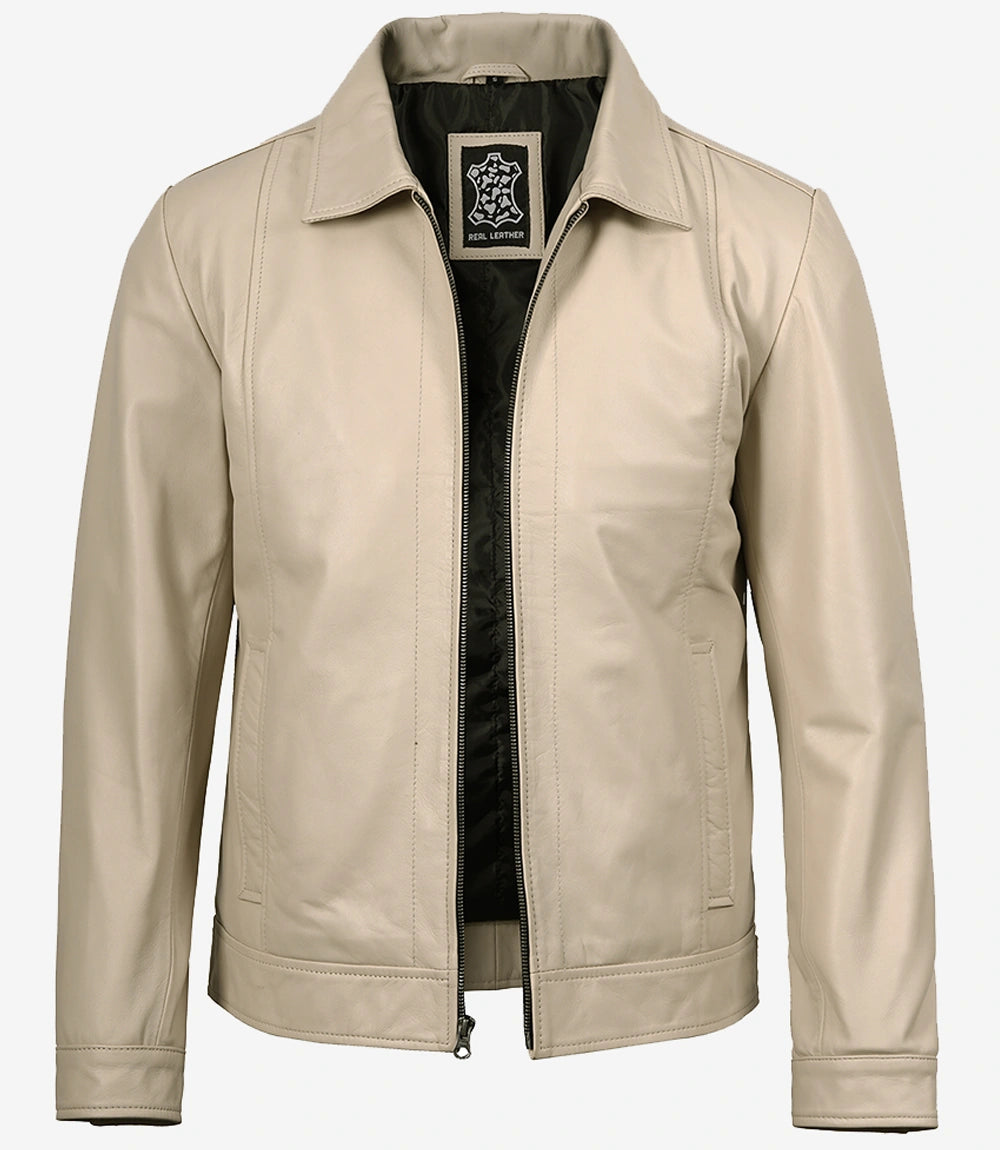 Mens Shirt Collar Beige Leather Jacket