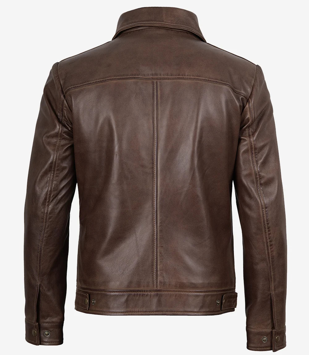 Mens Shirt Collar Chocolate Brown Leather Jacket