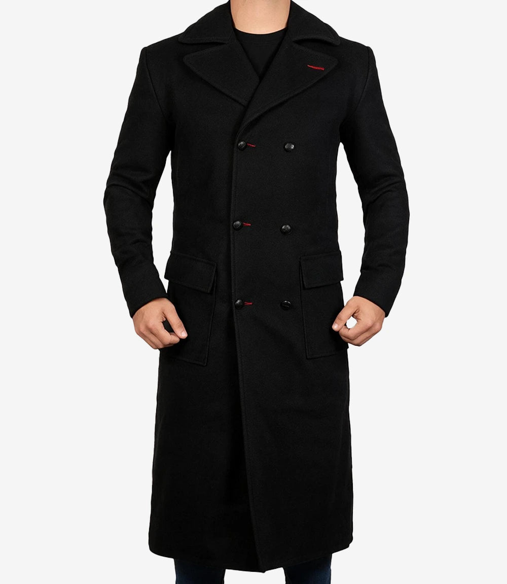Men’s Double-Breasted Long Black Wool Coat - Black - view 3