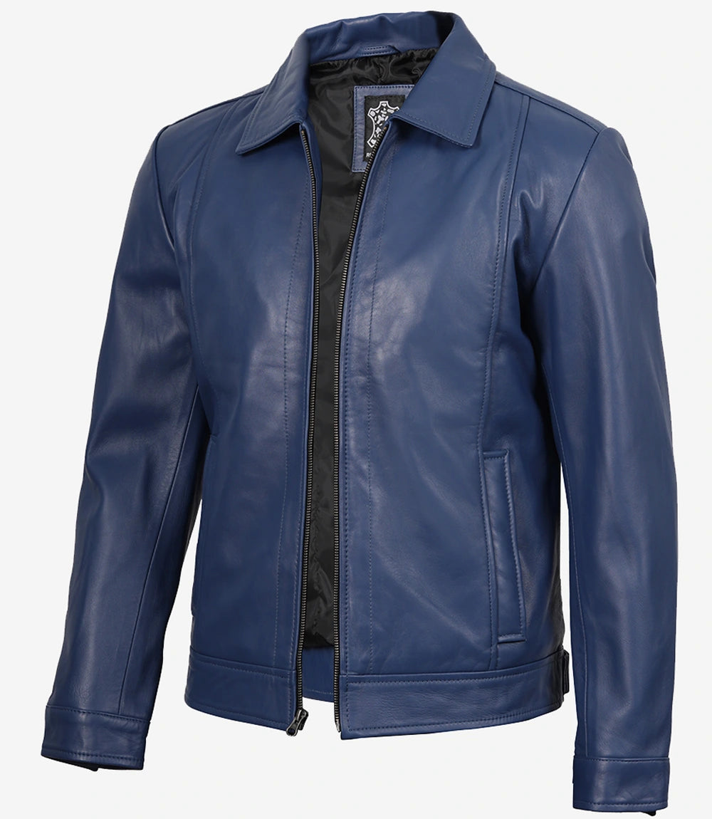 Mens Shirt Collar Blue Leather Jacket