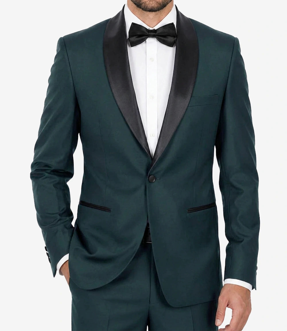 Men’s Green Shawl Lapel Tuxedo — Single Button, Black Lapel