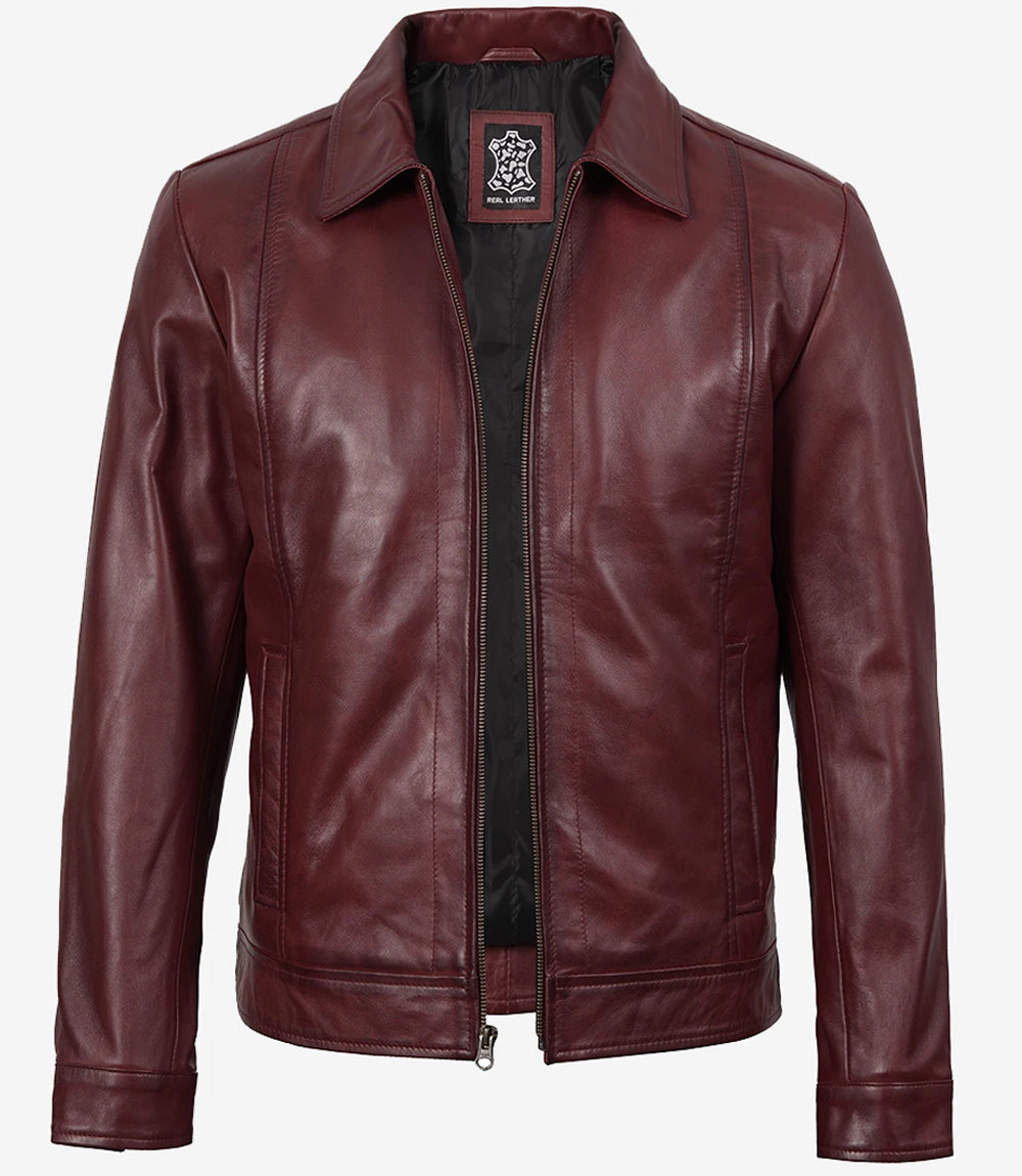 Mens Classic Shirt Collar Maroon Leather Jacket