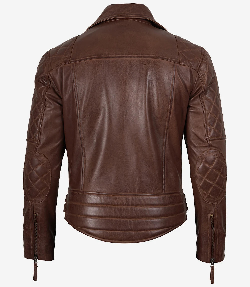Men's Asymmetrical Cognac Biker Style Leather Jacket