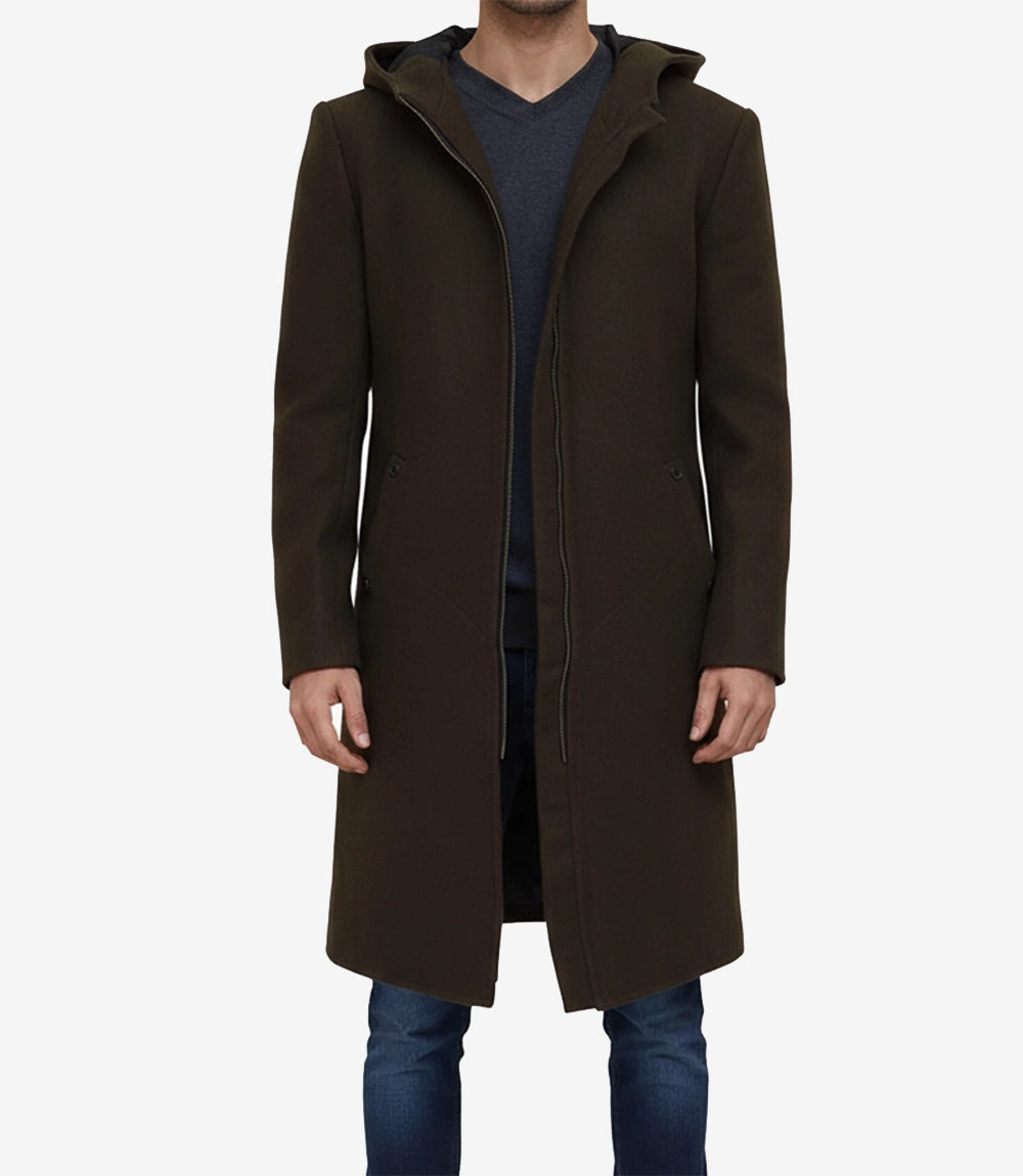 Delbert Mens Olive Green Hooded Wool Coat