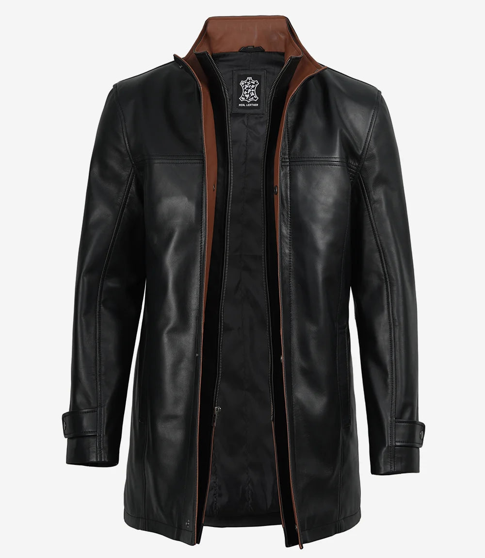 Erin Mens High-Collar Black Leather Jacket With Brown Details