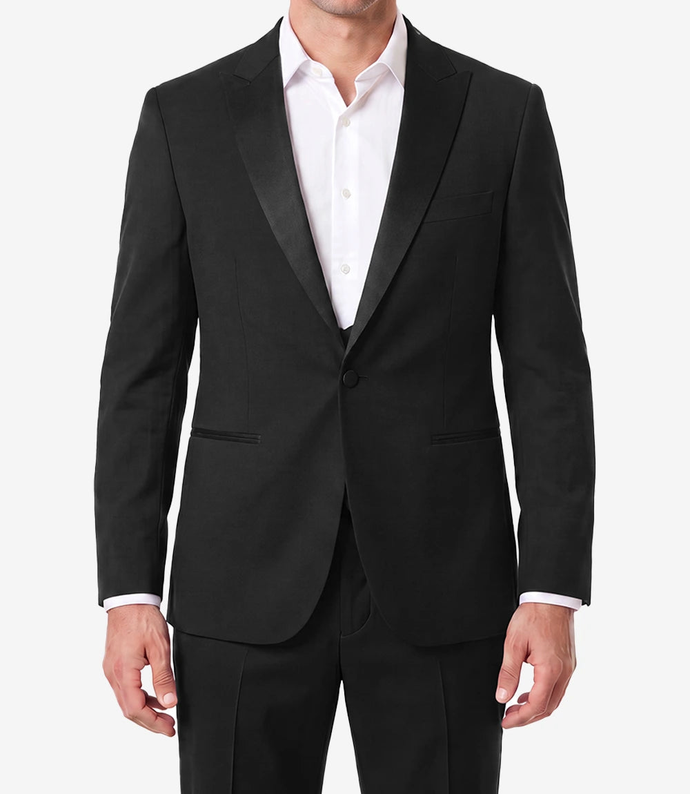 Mens Black 3 Piece Suit – Satin Peak Lapel One Button Tuxedo