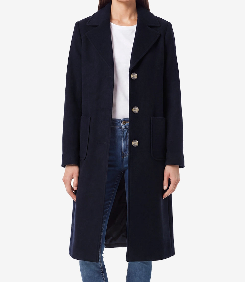 Womens Blue Wool Blend Longline Coat – Single Breasted 3 Button - Blue