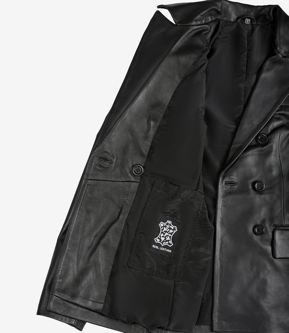 Notch Lapel Collar Double Breasted Black Leather Coat Women